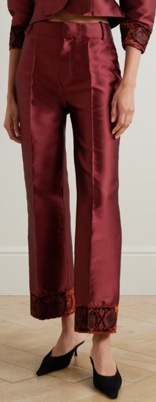 NWT Destree Yoshitomo Embellished Velvet Trim Straight Leg Pant Burgundy US 2